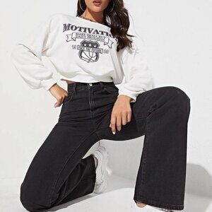 Black Casual Womens High Waist Patched Detail Wide Leg Pants